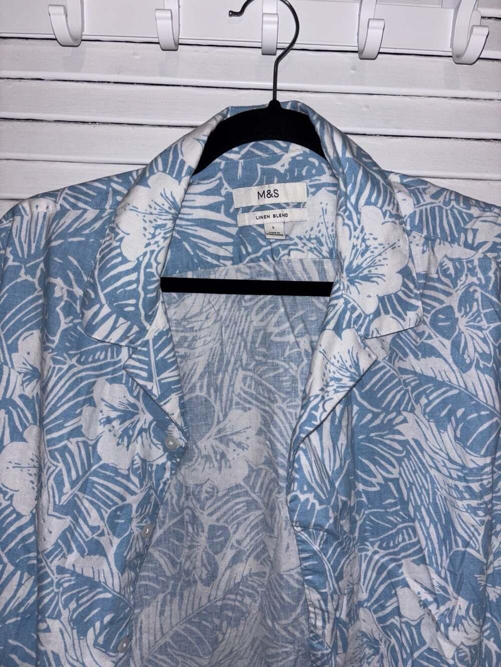 M&S Linen Blend Blue and White Floral Tropical Print Short Sleeve Camp Shirt